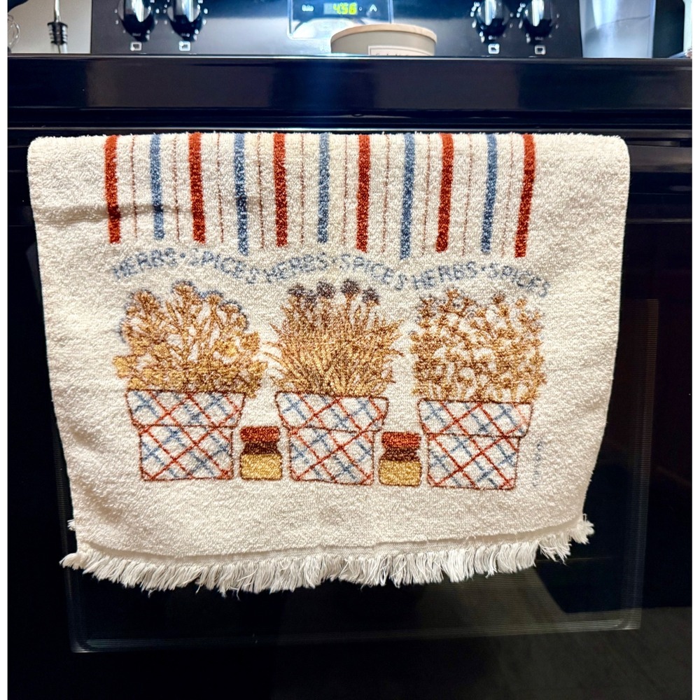 Vintage Herbs Spices Hand Towel Fringed Botanical Cotton USA Made
